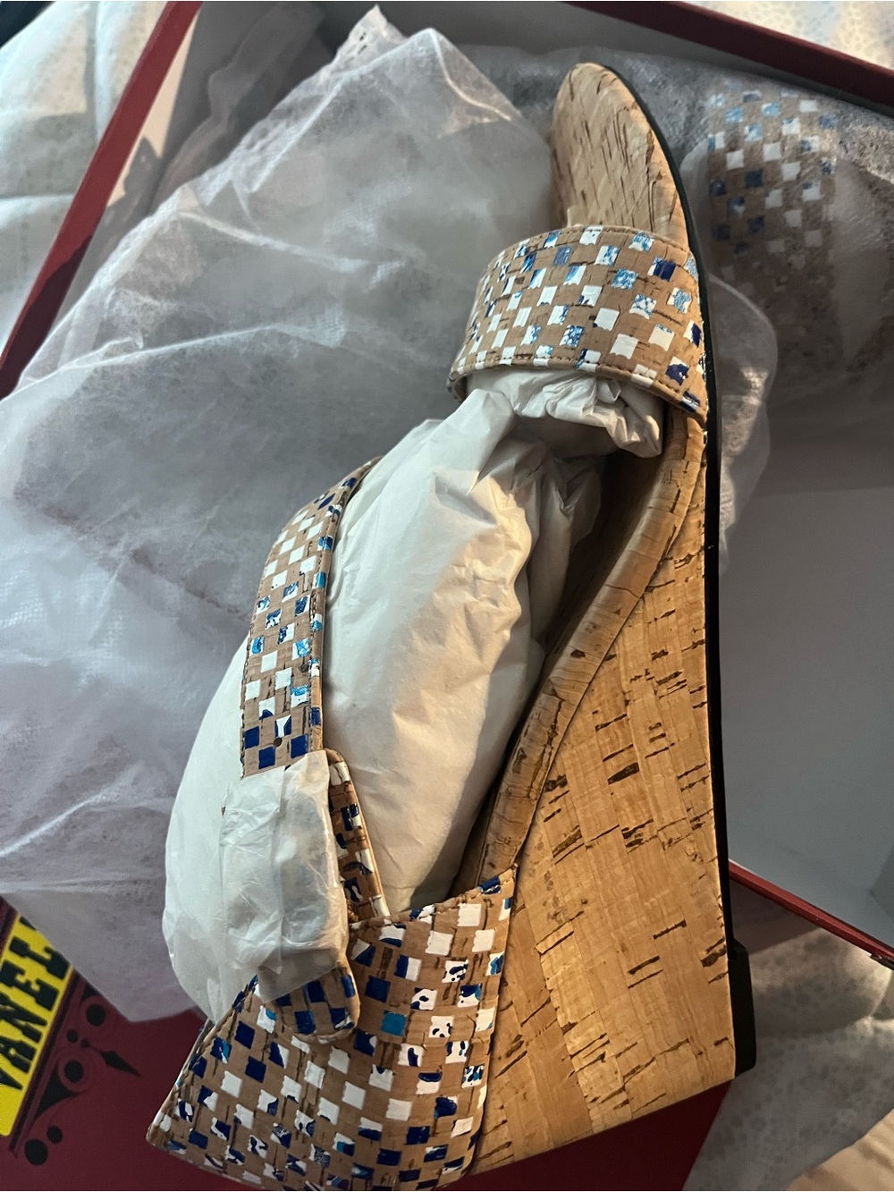 Woven Metallic Accent Cork Wedge Sandals - Blue & Tan Brand new in box